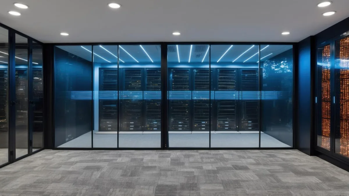 Equipe técnica de TI verificando racks em um data center moderno em Brasília