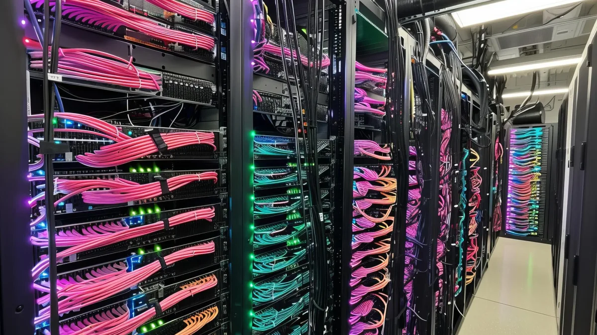 Equipamento de rede em rack de data center com conexões de fibra óptica